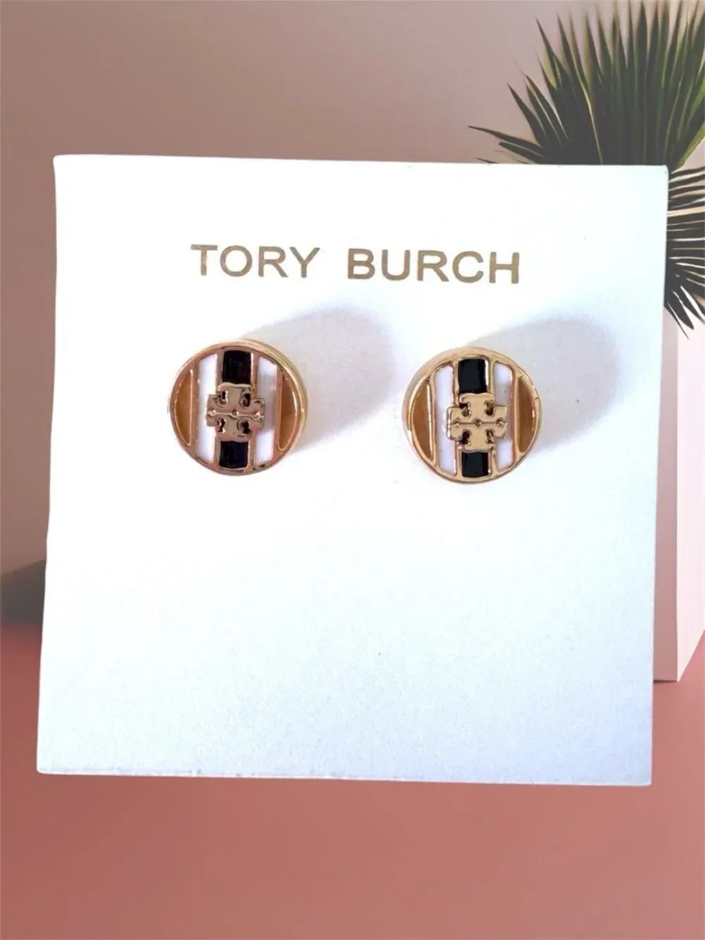 Tory Burch Brown/Orange, Black and Gold Enamel Logo Stud Earrings